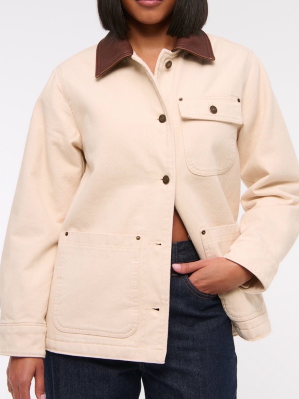 Abercrombie & Fitch Cream Jacket with Brown Collar